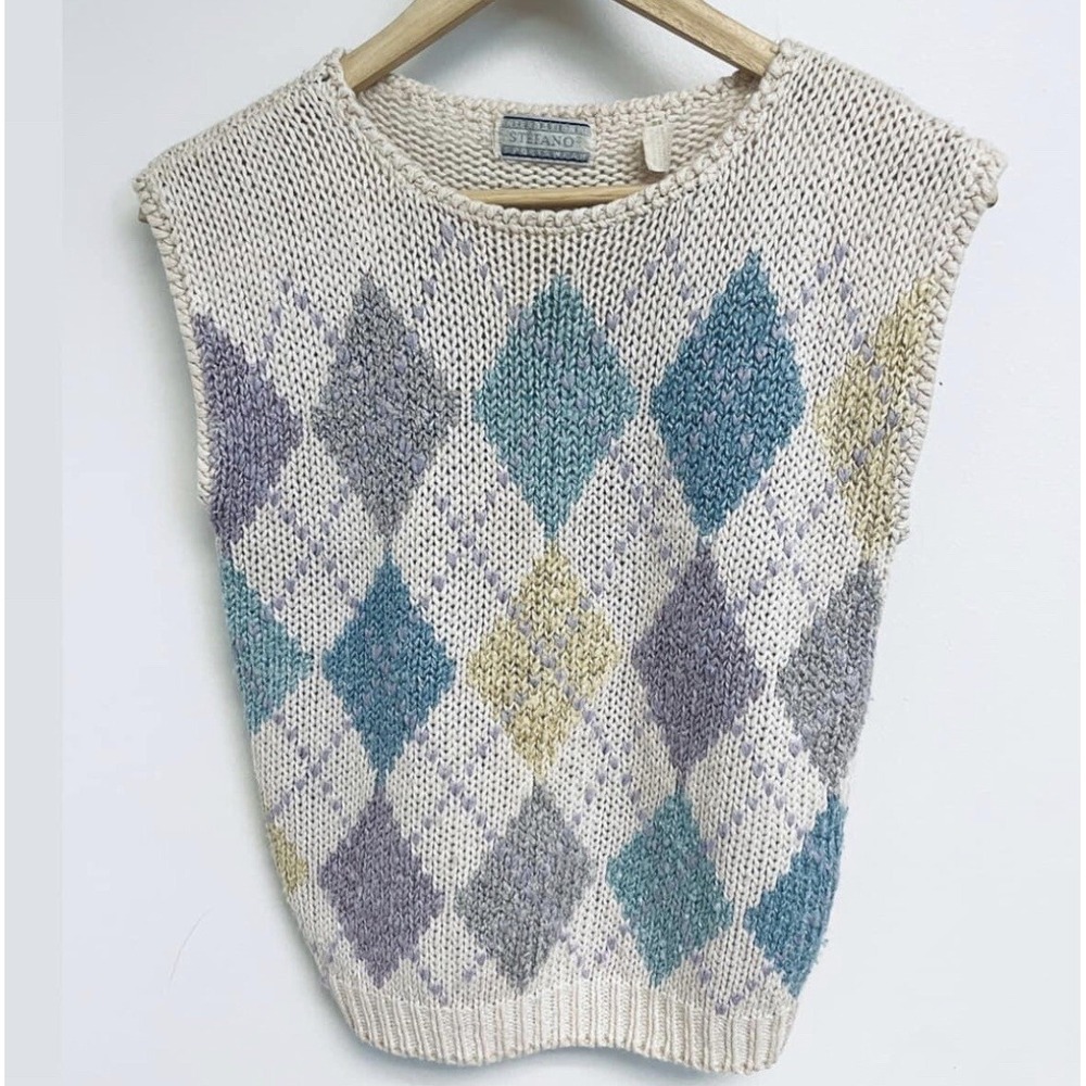 Vintage Stefano Women Size Medium Pastel Argyle Sleeveless Knit Sweater 70s 80s
